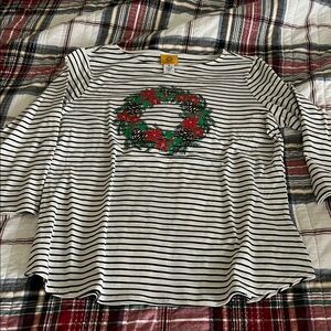 Ruby Rd. Black and White Striped Top with Holiday Wreath